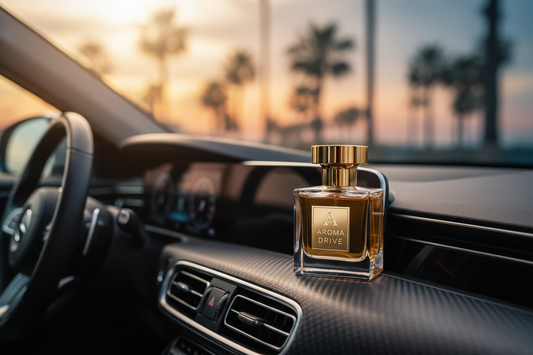 Elegant perfume bottle car air freshener on a luxury car dashboard